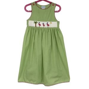 Vive la Fete Lime Green and White Gingham Plaid Hand Smocked Flamingo Dress SZ 5
